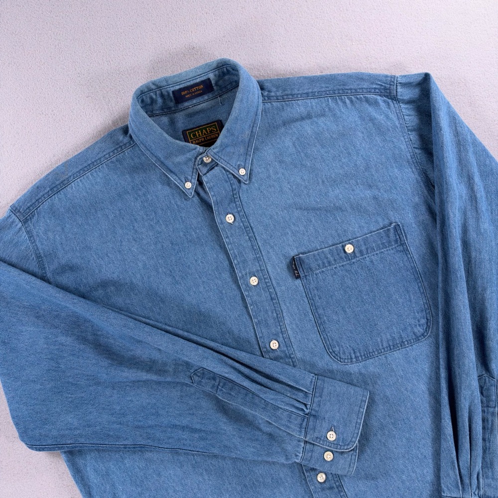 Chaps Ralph Lauren Denim Shirt 15.5 Blue Long Sleeve Button Down Pocket